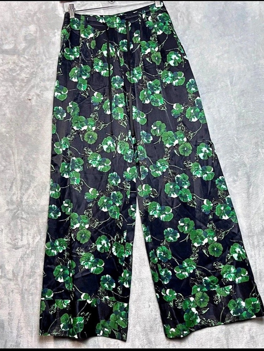 Elevenses Anthropologie Green Floral Wide Leg Pants Satin High Waist